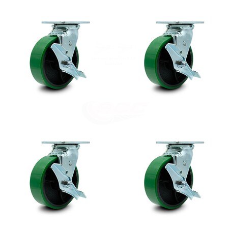 Service Caster 6 Inch Green Poly on Steel Caster Set with Ball Bearings 4 Brake 2 Swivel Lock SCC-30CS620-PUB-GB-TLB-BSL-2-TLB-2